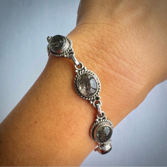Natural Black Grey Needle RUTILE QUARTZ Sterling Silver 925 Bracelet New 7.5 - 8 - Picture 7 of 11